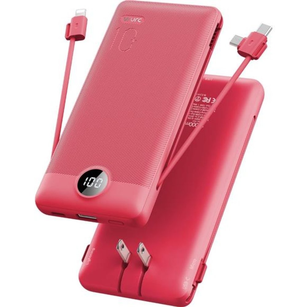 Portable Charger Built-in Cables and AC Wall Plug, USB C Power Bank 10000mAh